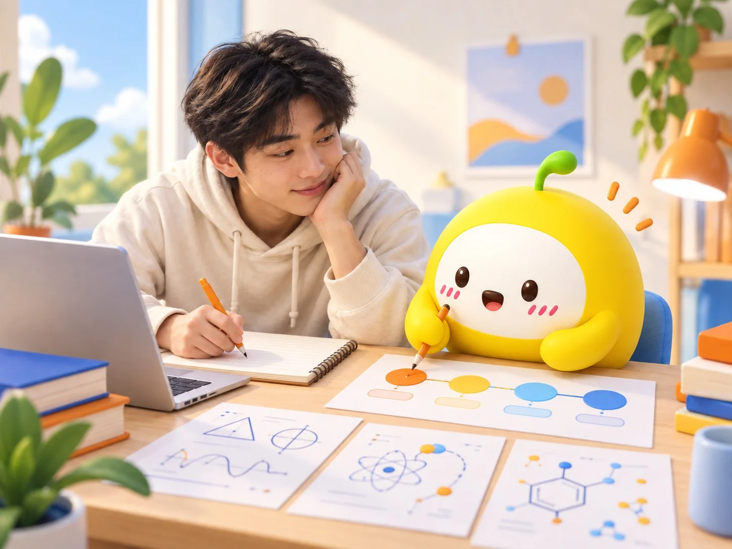 Student and PrepPals mascot Lightie working on a CSCA preparation plan at a study desk
