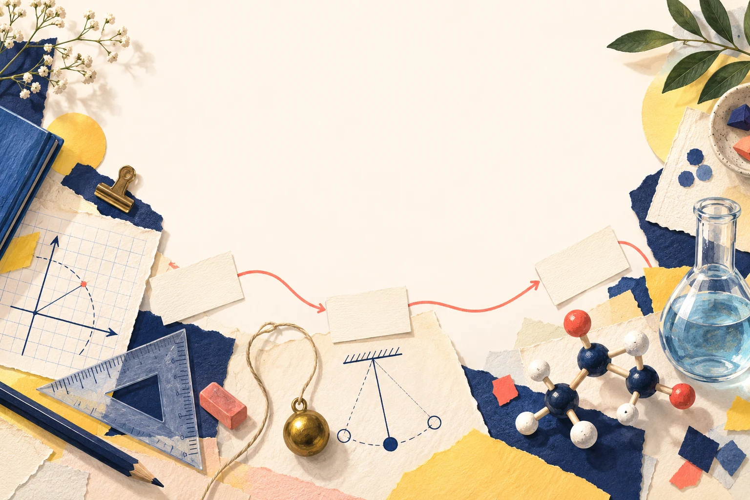 Paper collage for the 21-day CSCA study plan, with a mathematics graph, a physics pendulum and a chemistry molecular model