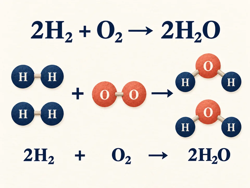 Paper molecule model: two hydrogen molecules and one oxygen molecule form two water molecules, 2H₂ + O₂ → 2H₂O