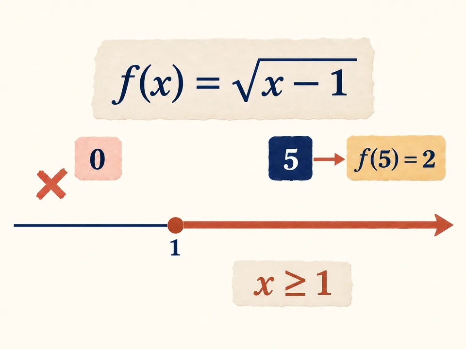 Paper illustration of f(x) = √(x − 1): the domain starts at 1, input 0 is excluded, and f(5) = 2
