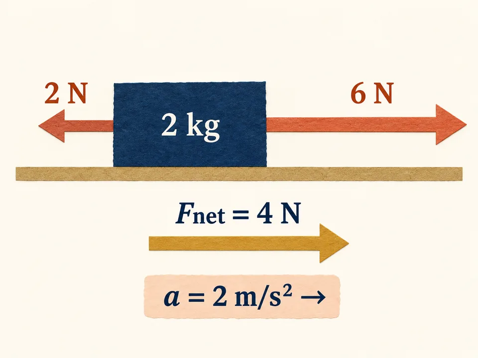 Paper illustration of a 2 kg block: 6 N right minus 2 N left gives 4 N net force and 2 m/s² acceleration right