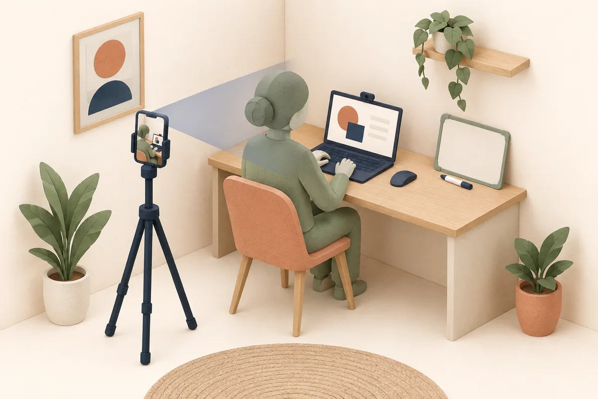 A seated candidate facing a corner desk, with a webcam above the laptop and a separate phone behind and to the side.