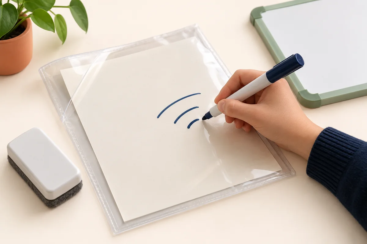 An erasable marker writes on the outer plastic surface of a clear sleeve containing blank paper, beside a whiteboard eraser.