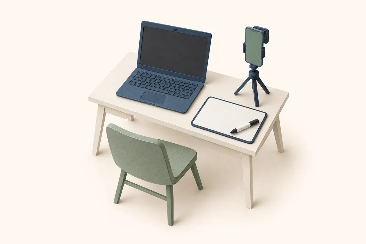 Paper-model illustration of a clear exam desk with a laptop webcam, side monitoring phone and erasable whiteboard.
