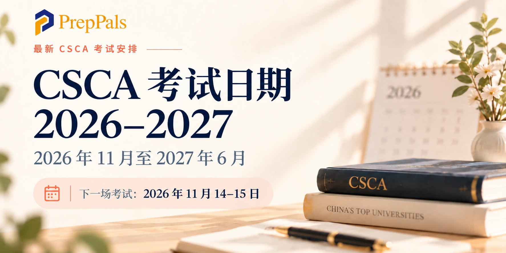CSCA 2026—2027 考试日期封面,展示 11 月 14—15 日场次、日历和备考书籍。