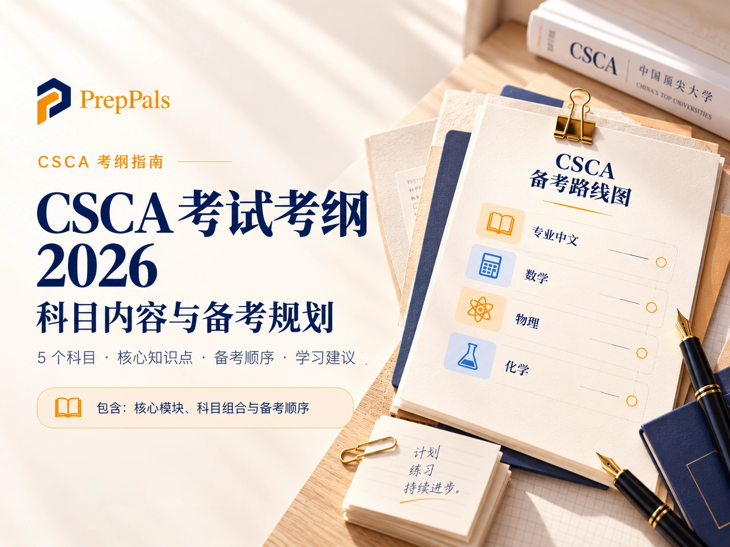 CSCA 2026 考试大纲封面,展示科目备考路线图、教材和学习计划。