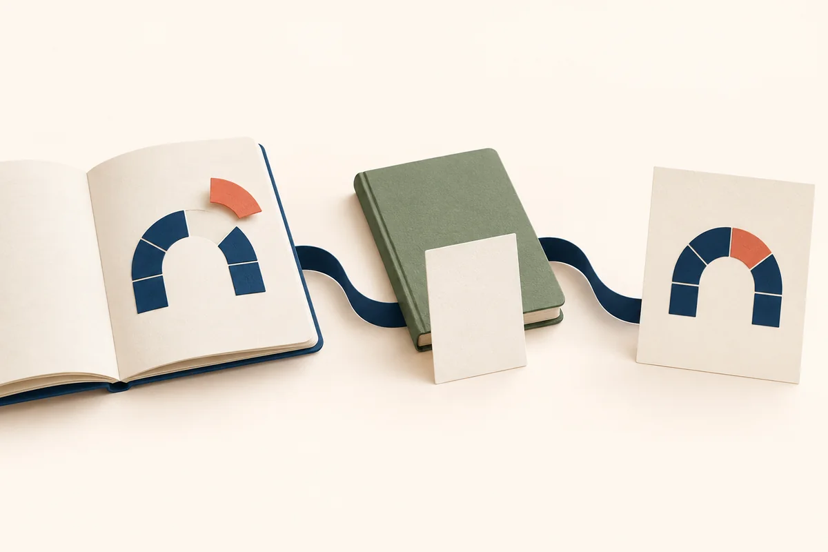 An open notebook, closed notebook and fresh completed card showing study, recall and independent retry.