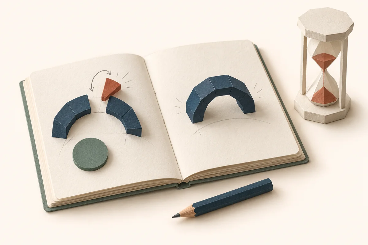 A paper arch being repaired and then rebuilt independently beside an hourglass, illustrating focused final revision.