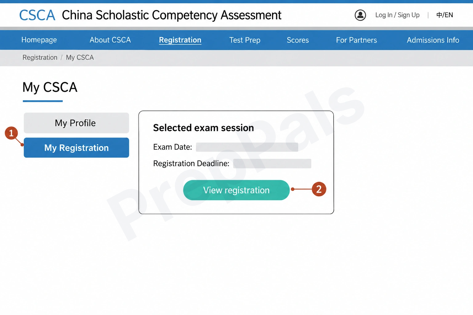 CSCA 报名记录页重绘：标记1提示 My Registration，标记2提示 View registration。