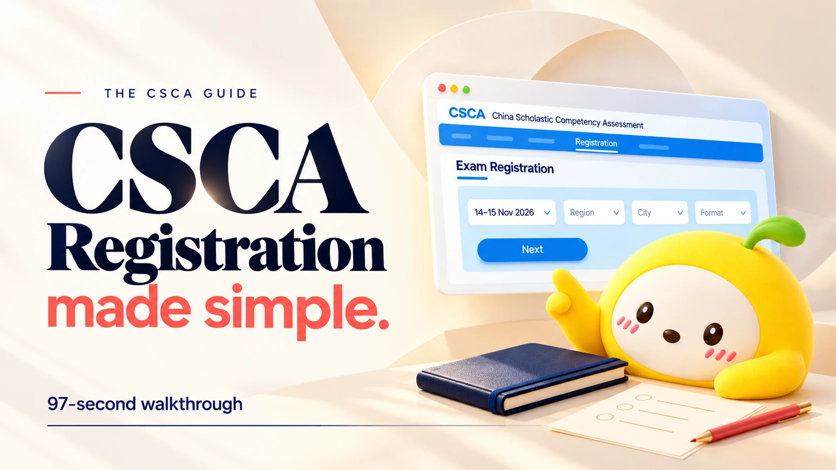CSCA 报名视频封面，展示考试报名界面和 PrepPals Lightie。