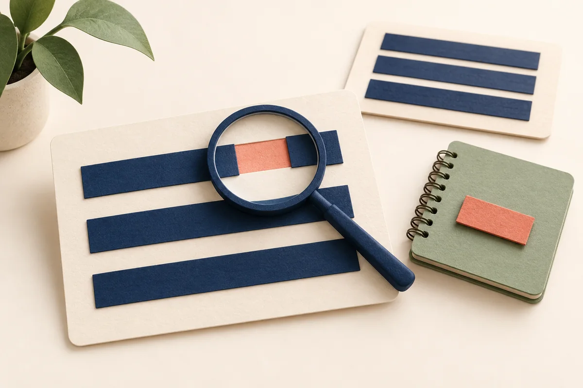 A magnifying lens isolates a gap in a practice card while already completed work is set aside.