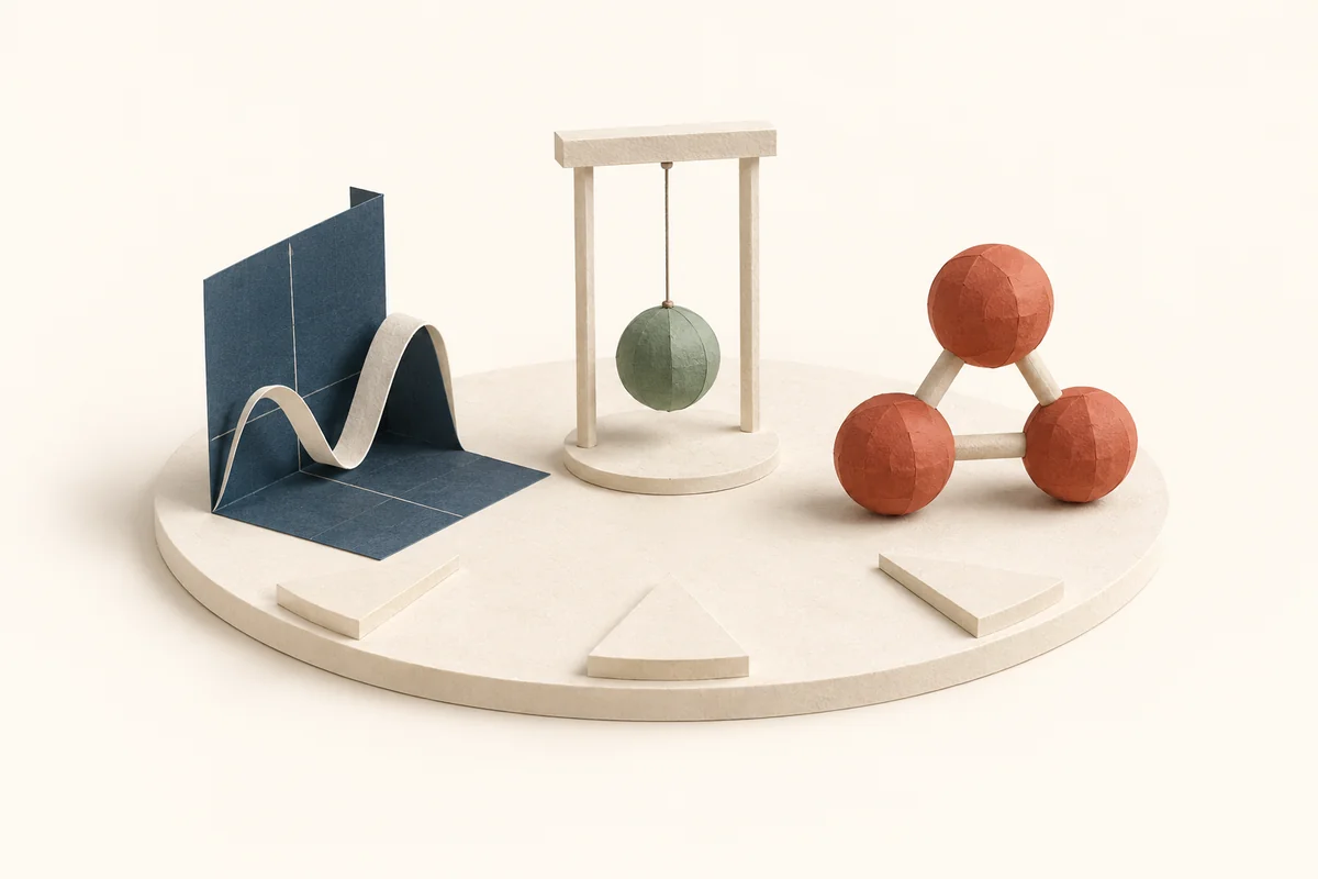 Three paper study maps representing mathematics, physics and chemistry topics.