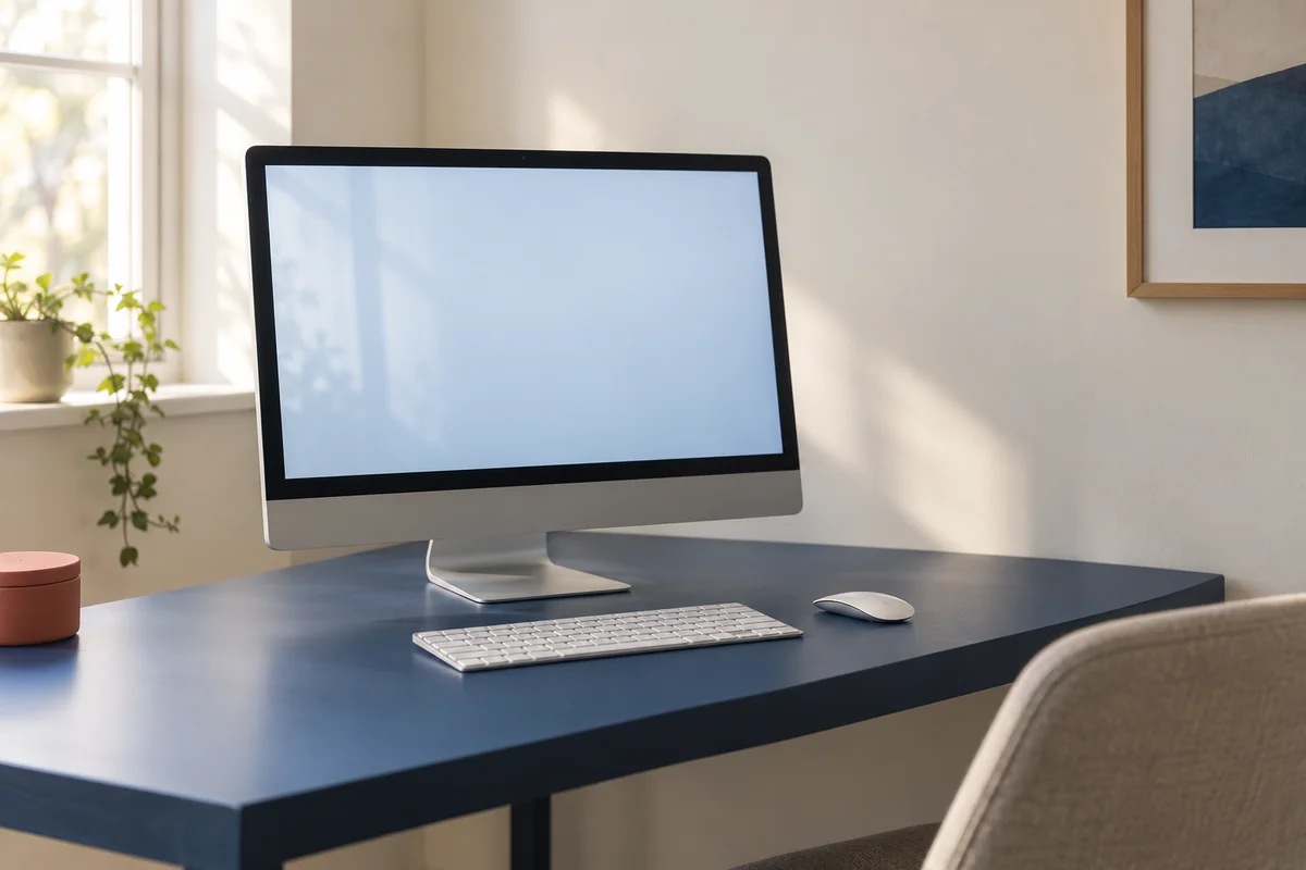 A desktop computer, keyboard and mouse on a blue desk in a quiet room