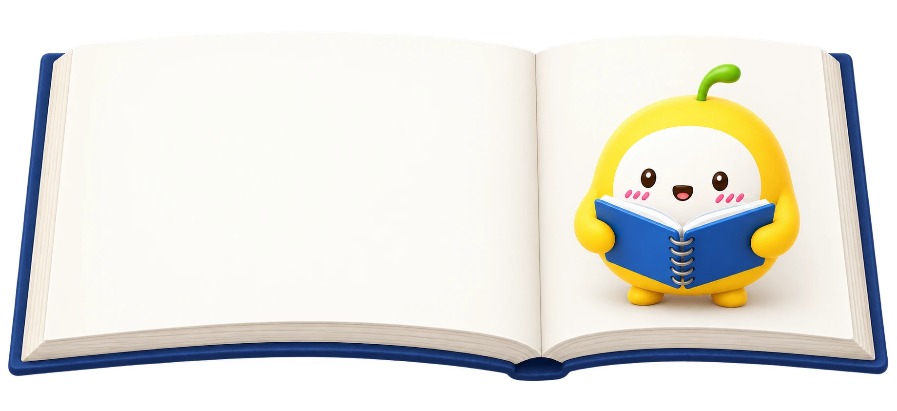 An open study book with cream pages and a navy cover, with Lightie reading on the right