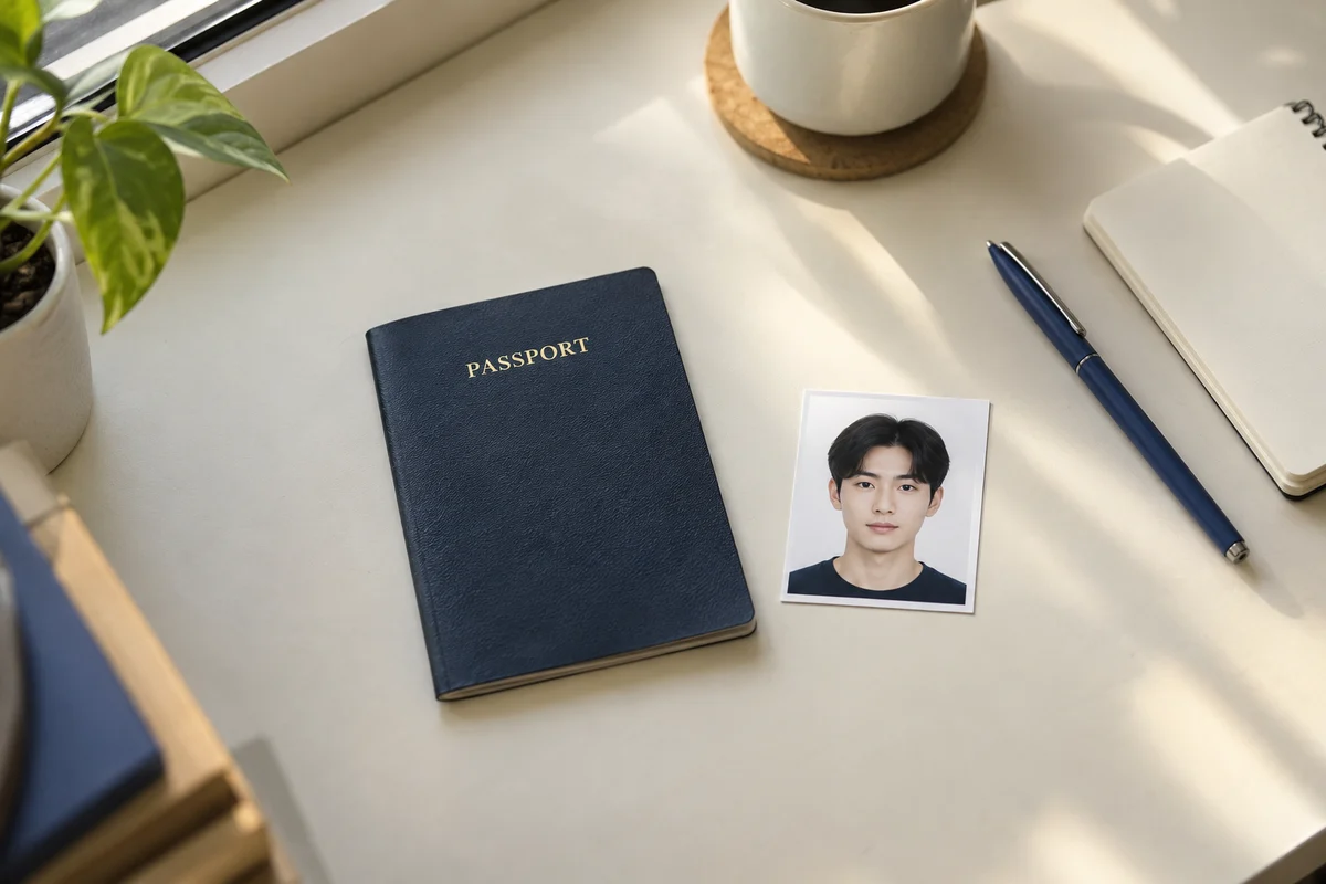 A closed passport and an ID photograph beside a pen and notebook, ready for CSCA registration